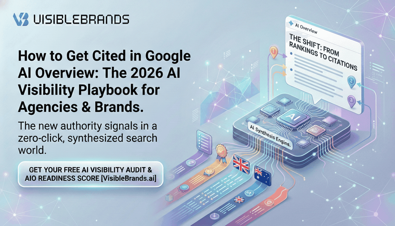 Article banner for the 2026 AI Visibility Playbook, showing the VisibleBrands logo, article title, and a graphic of an AI processor connecting different data streams.