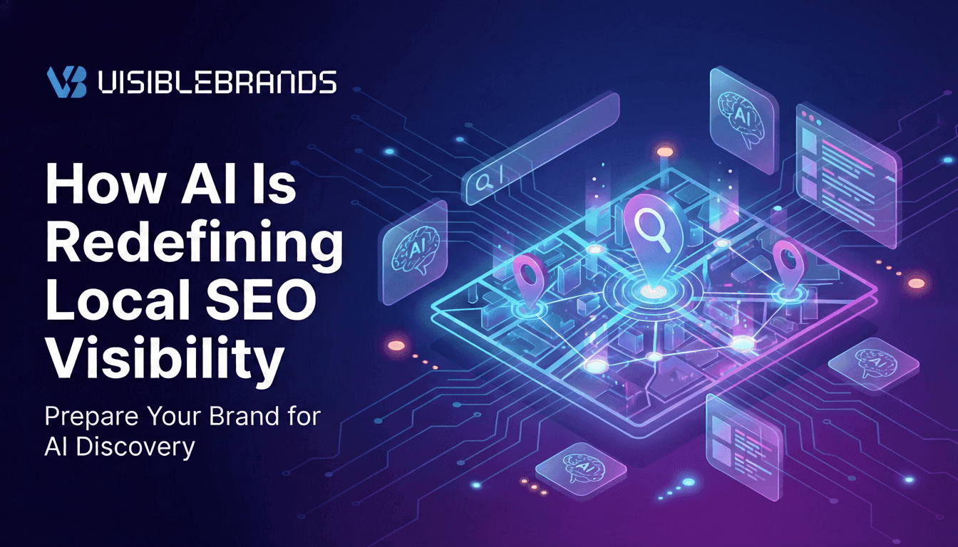Visible Brands banner illustrating how AI is redefining local SEO visibility, featuring a digital city map with location pins representing AI-driven local search discovery.